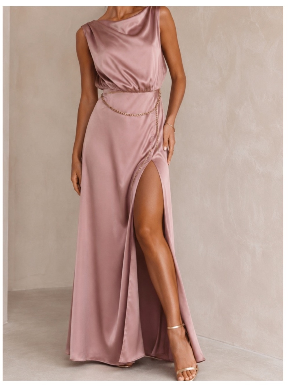🟠NWT MAIN STRIP Cowl Neck Satin Maxi Dress w/Gold Belt in Light Mauve